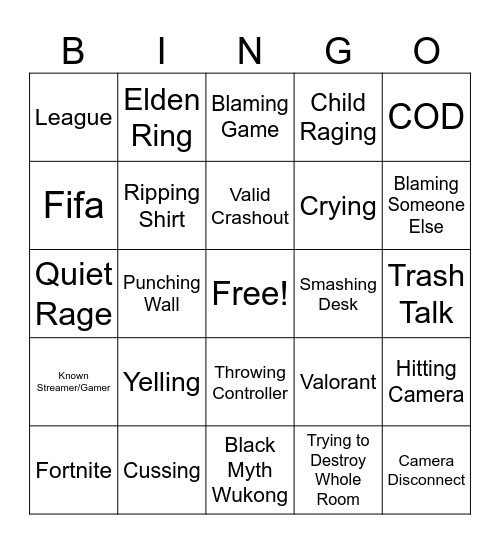 Gamer Rage Bingo Card