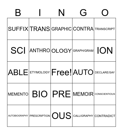 Root Word DICT-SCRIB-GRAPH Bingo Card