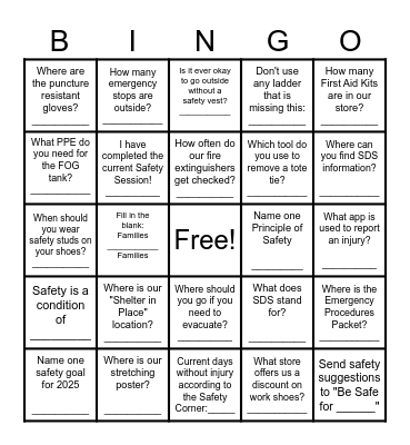 KWIK SAFETY BINGO Card