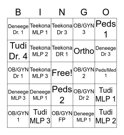 Provider Assignments Bingo Card