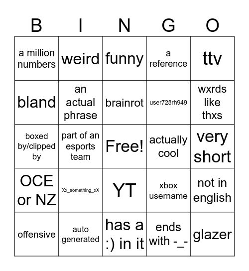 fortnite usernames Bingo Card