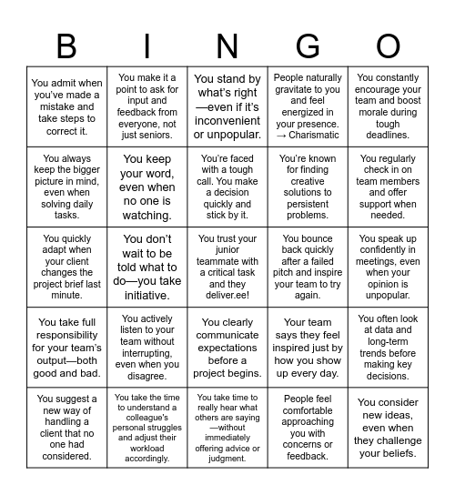 Leadership Bingo Card