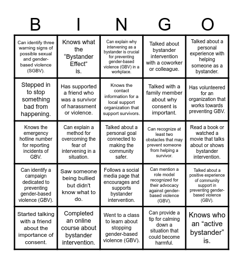 Bystander Bingo Card