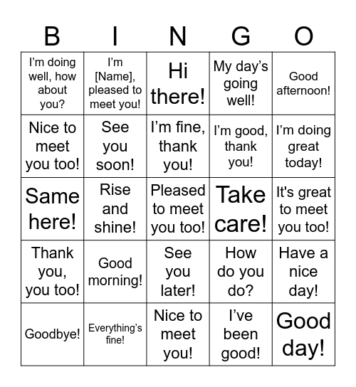 Greetings Bingo Card