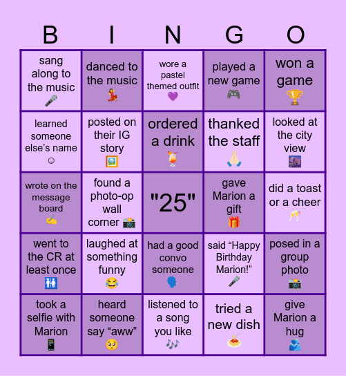 Marion's 25th Bingo Card