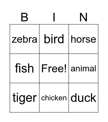 Animals Bingo Card