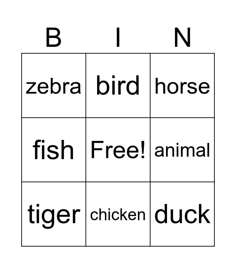 Animals Bingo Card