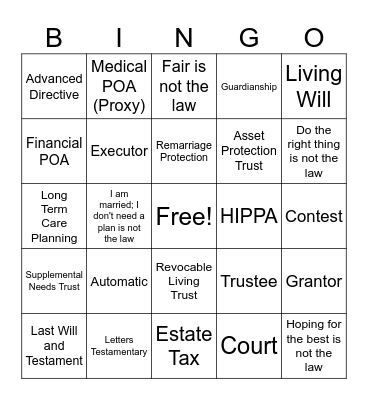Estate Planning Bingo Card