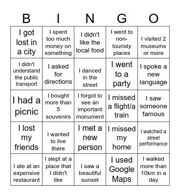 Bingo! Travel Edition Bingo Card