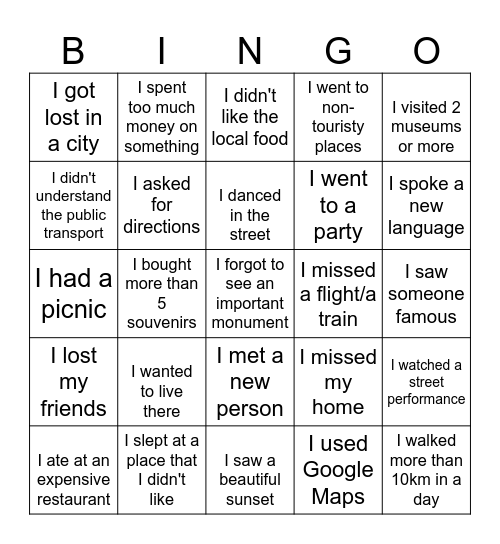 Bingo! Travel Edition Bingo Card
