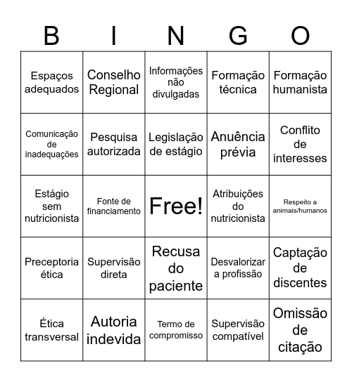 Código de Ética do Nutricionista Bingo Card