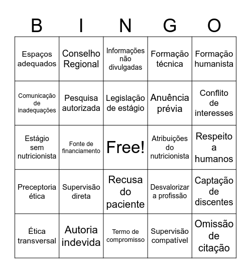 Código de Ética do Nutricionista Bingo Card