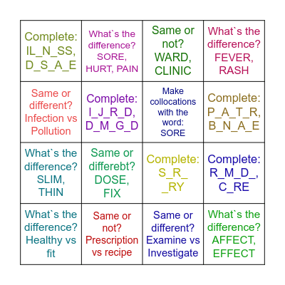 Unit 14. Health Bingo Card