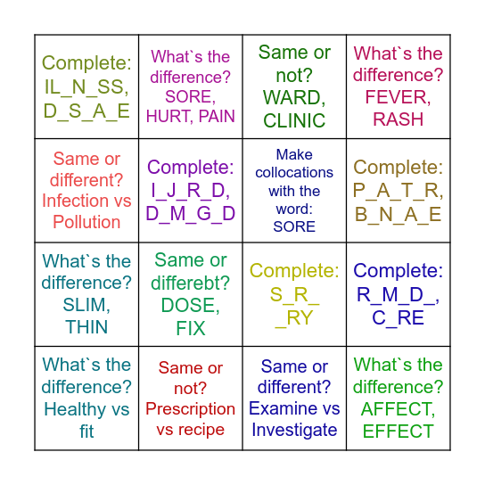 Unit 14. Health Bingo Card