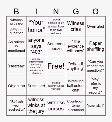 Trial TV Live Bingo Card