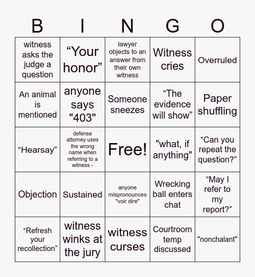 Trial TV Live Bingo Card