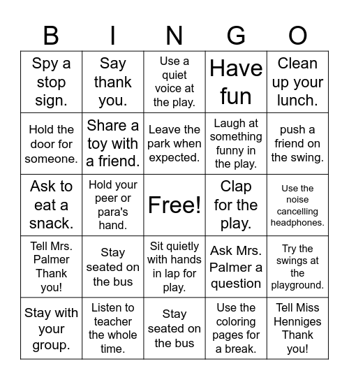 Field Trip Bingo Card