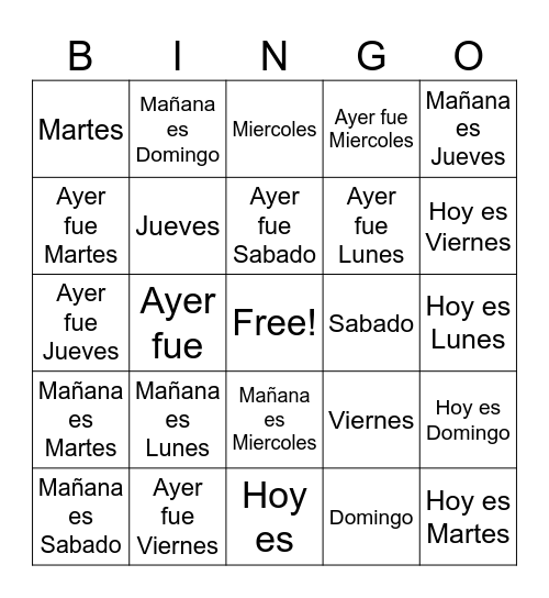 Dias de la Semana Bingo Card