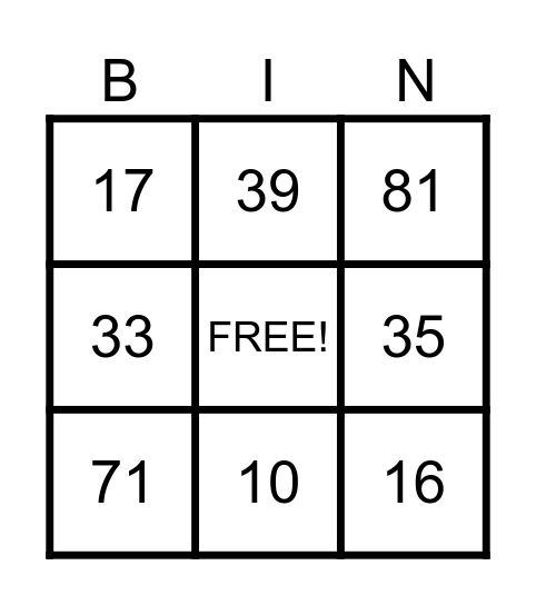 Numbers 1-100 Bingo Card