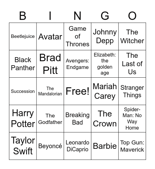 Hollywood Bingo Card