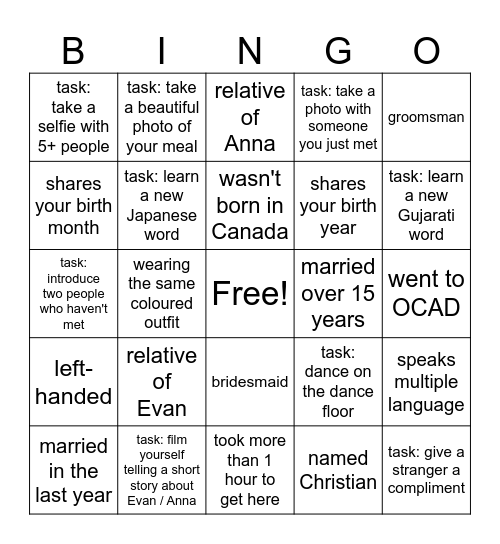 E V A N   &   A N N A ' S    W E D D I N G Bingo Card