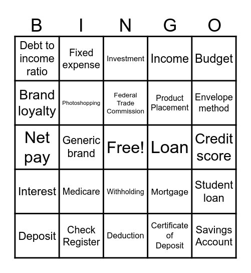 Financial Literacy Bingo Card