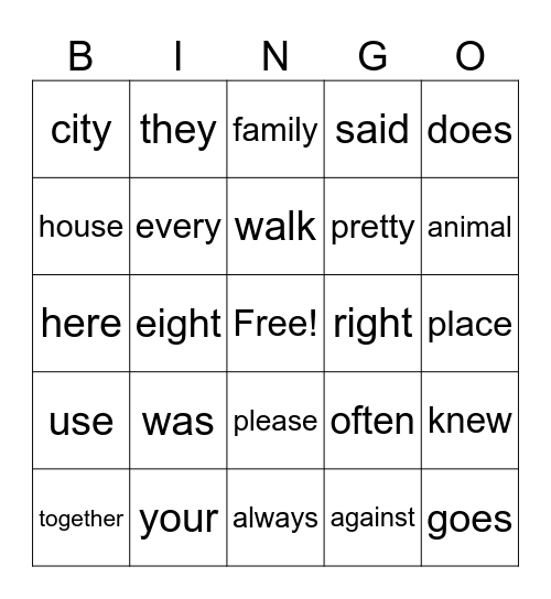 Trick Words Bingo Card