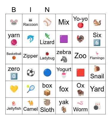 XYZ Bingo Card