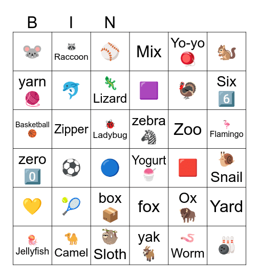 XYZ Bingo Card