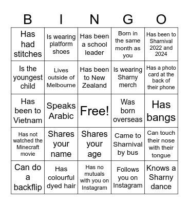 Sharnival Bingo - Take a photo with someone who... Bingo Card
