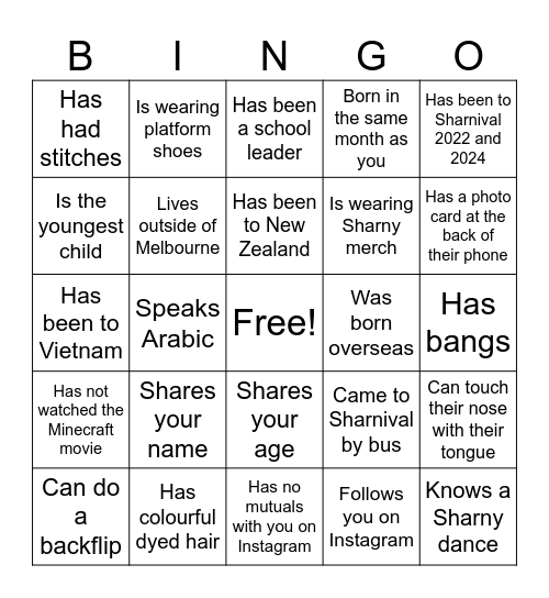 Sharnival Bingo - Take a photo with someone who... Bingo Card