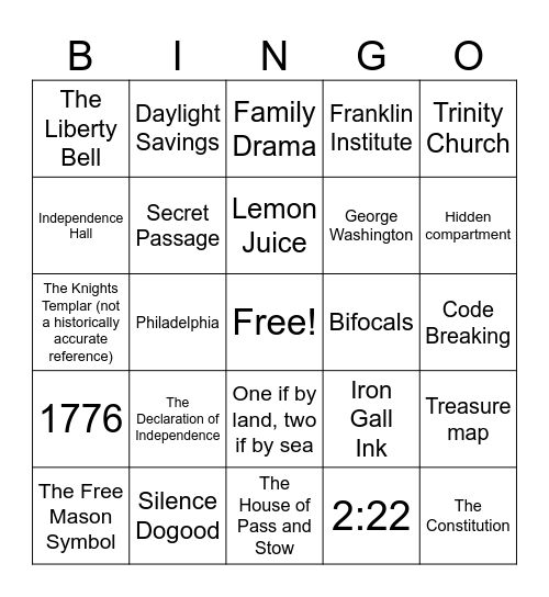 National Treasure Bingo Card