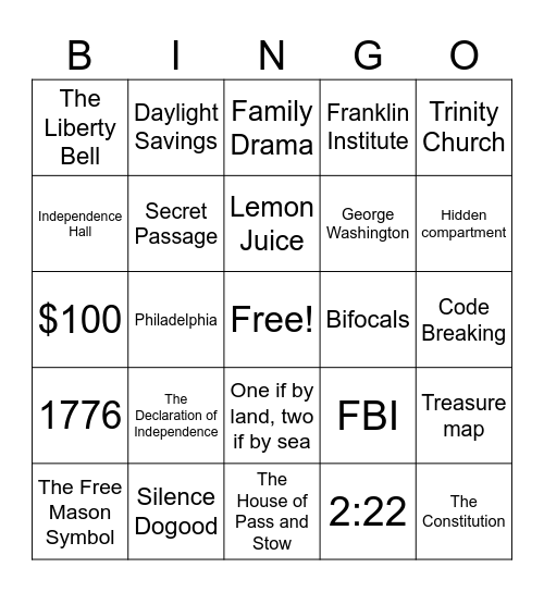 National Treasure Bingo Card