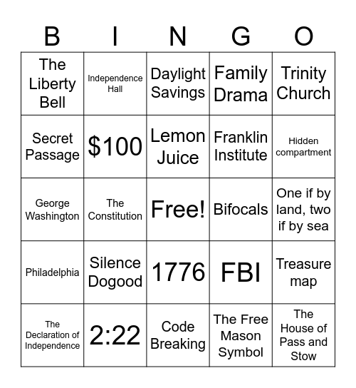 National Treasure Bingo Card