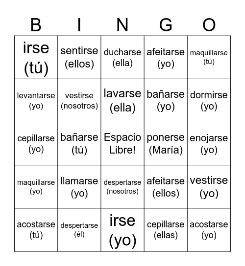 Verbos Reflexivos Bingo Card