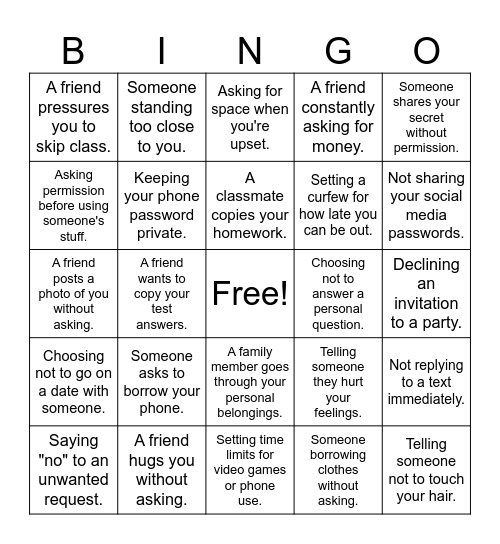 Boundaries Bingo Card