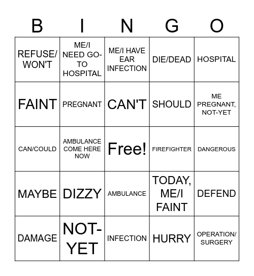 UNIT 7: TOPIC 2: MODAL VERB/EMERGENCY/GRAMMAR Bingo Card