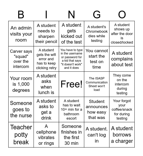 ISASP PROCTORING BINGO Card