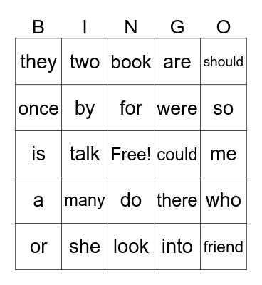 Heart Words Bingo Card