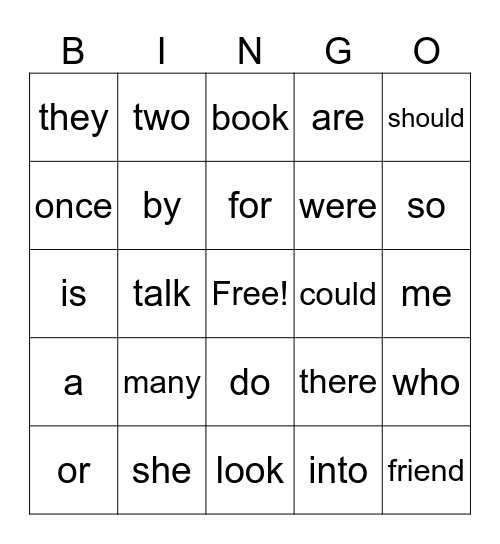 Heart Words Bingo Card