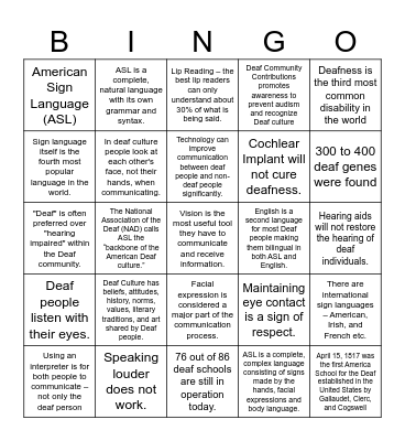 Deaf Culture Bingo Card