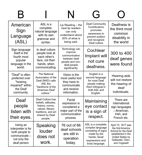 Deaf Culture Bingo Card