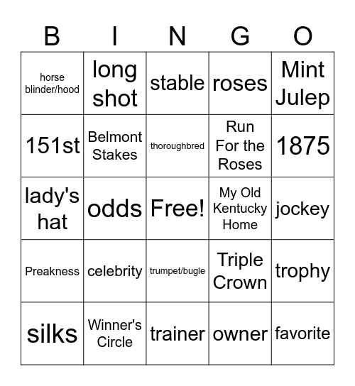 Kentucky Derby 2025 Bingo Card