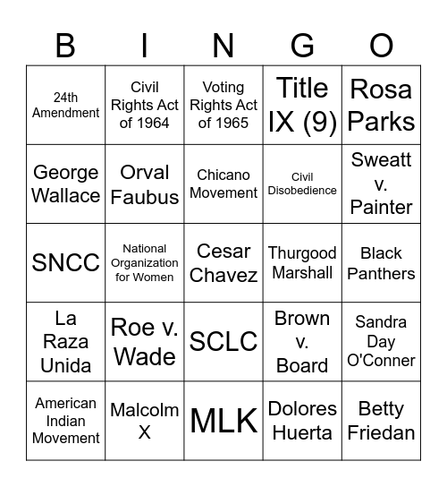 Civil Rights Bingo. Bingo Card