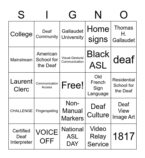 National ASL DAY Bingo Card