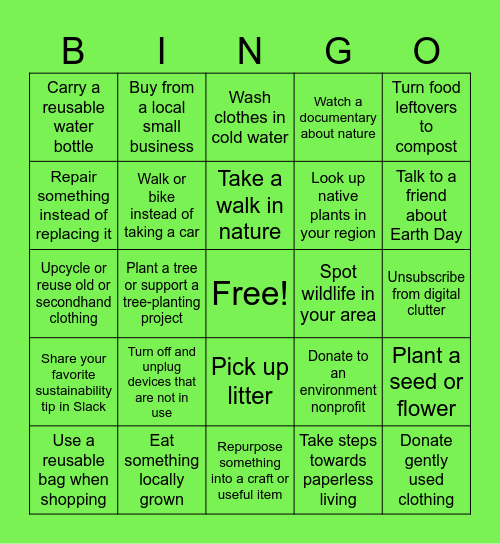 H&S Earth Week Bingo Card