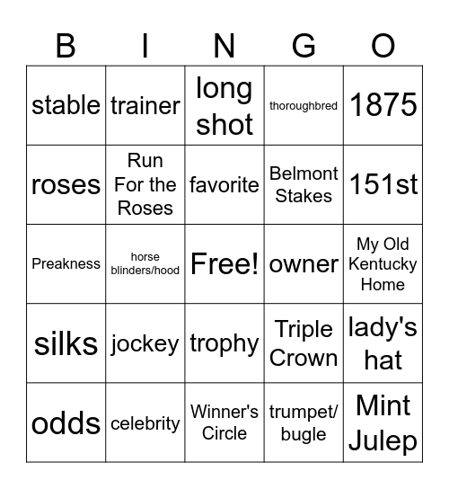 Kentucky Derby Bingo Card