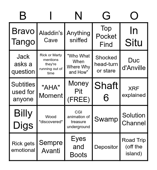 Curse of Oak Island Bingo Card