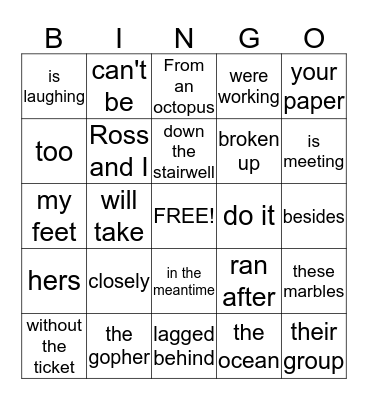 English Grammar Bingo Card