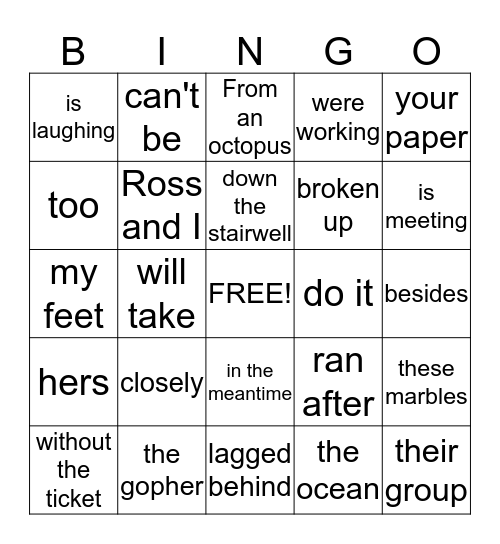 English Grammar Bingo Card